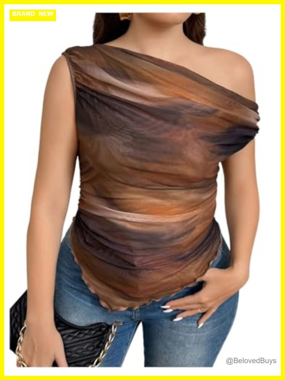 Women's Plus Size One Shoulder Mesh Top Ruched Asymmetrical Tee